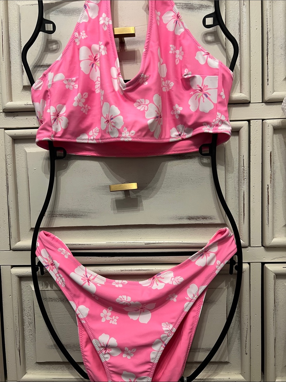 Womens’s Pink Floral Two-Piece One-Piece Style Swimsuit